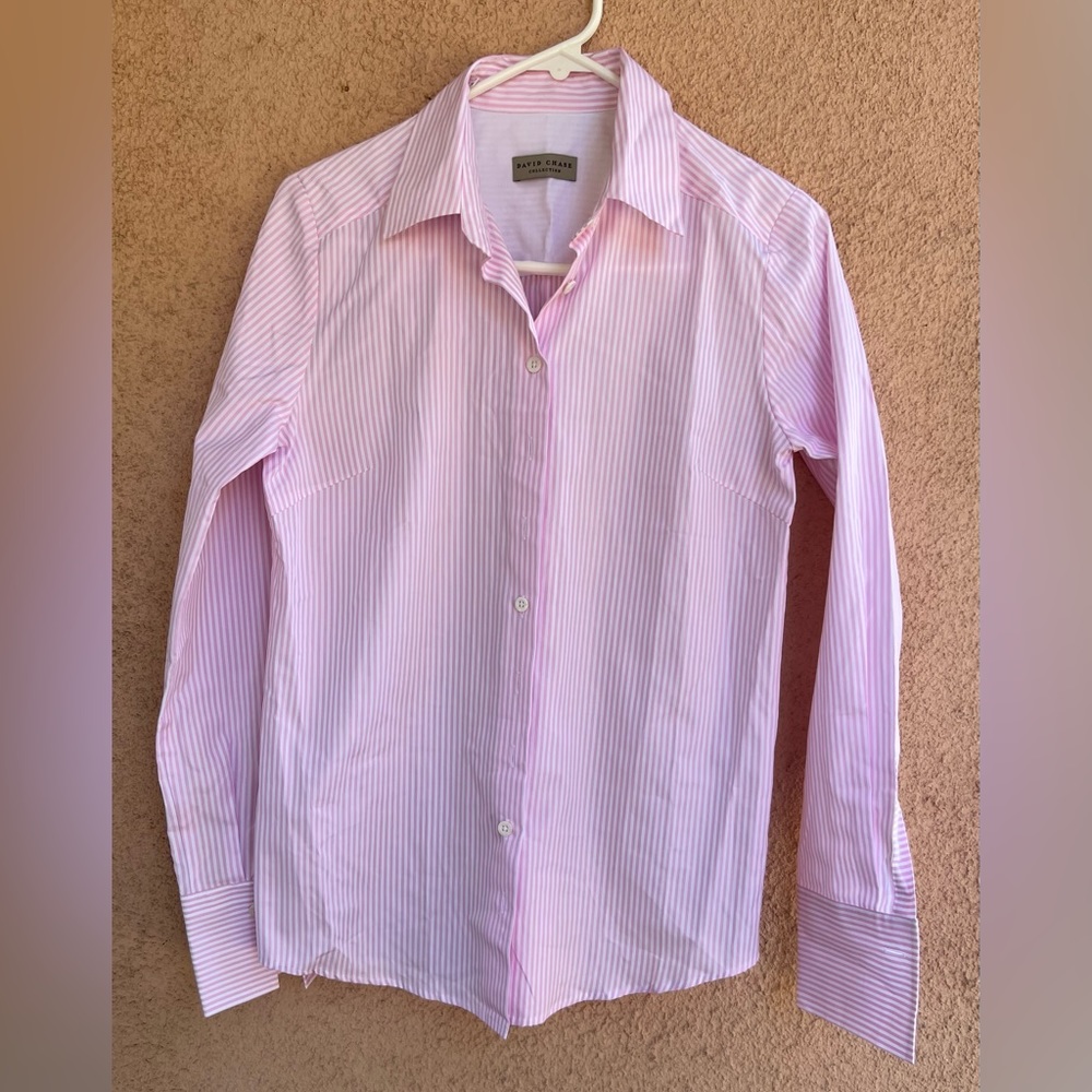 David Chase Collection Shirt - Size 40/US Size 10 - Pink and White Stripes